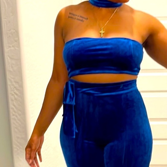 2 piece velvet pants set crop top and pants - BLUE - Picture 5 of 16